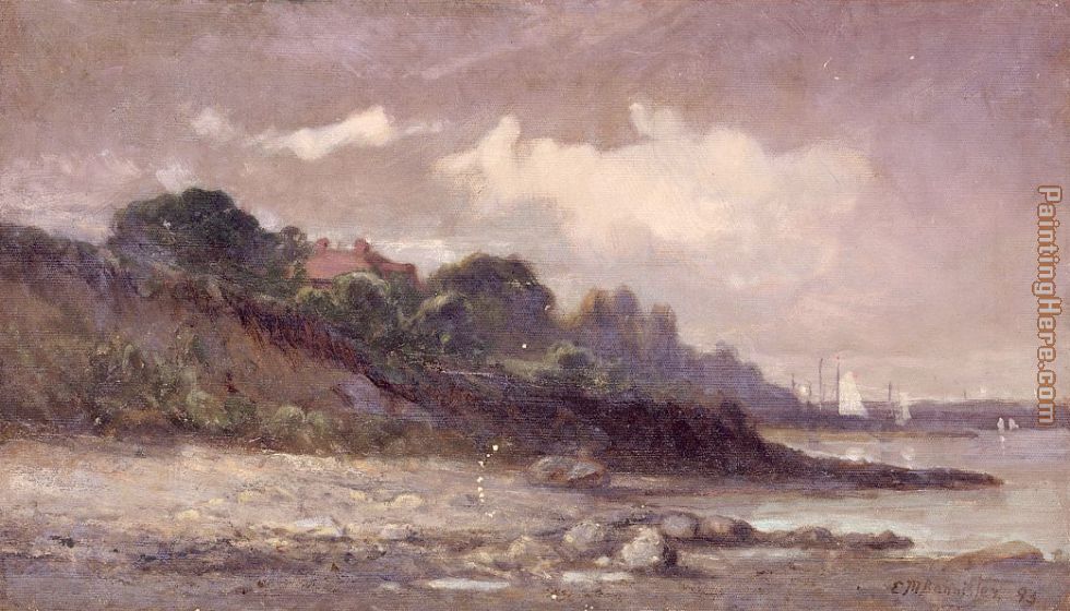 shoreline with sailboats and roof painting - Edward Mitchell Bannister shoreline with sailboats and roof art painting
